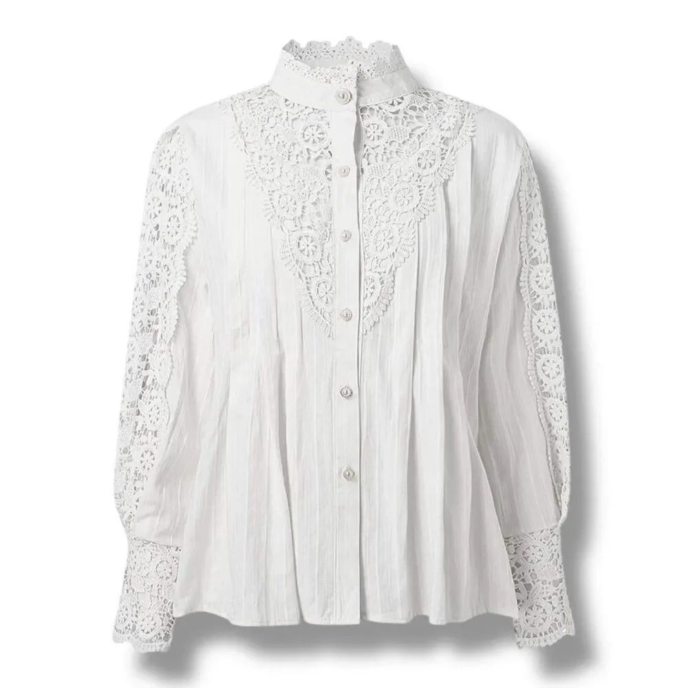 Victorian White Cut Out Puff Sleeve Cotton Linen Blouse Medium NWT - Picture 5 of 6